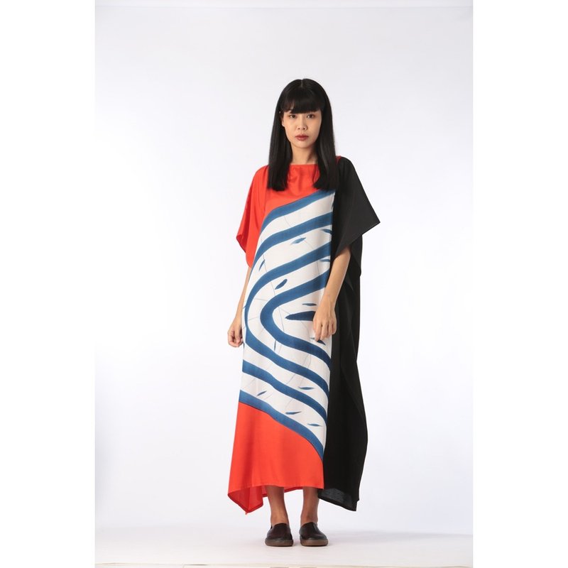 Hand Painted Cotton Silk Kaftan for Summer Resort Vacation F - 洋裝/連身裙 - 棉．麻 紅色
