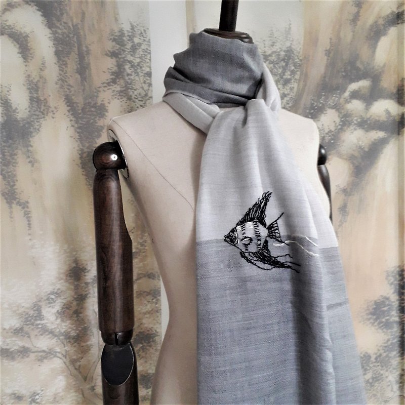 super fine hand embroidery 300s pure cashmere scarf- angelfish - Knit Scarves & Wraps - Wool Gray