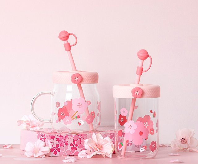 Pink Flowers Glass Cup | Bamboo Lid & Glass Straw Included
