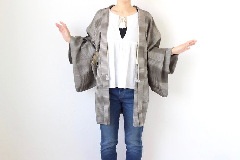 gray stripe kimono, kimono jacket, Japanese jacket, stripe jacket, kimono /2705 - Women's Casual & Functional Jackets - Silk Gray