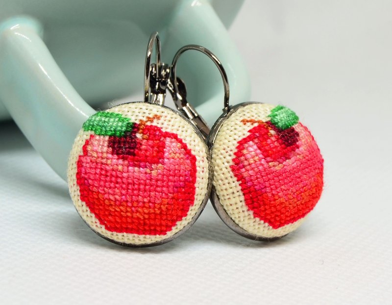 Red apple embroidered earrings, Cross stitch fruit jewelry - Earrings & Clip-ons - Thread Red