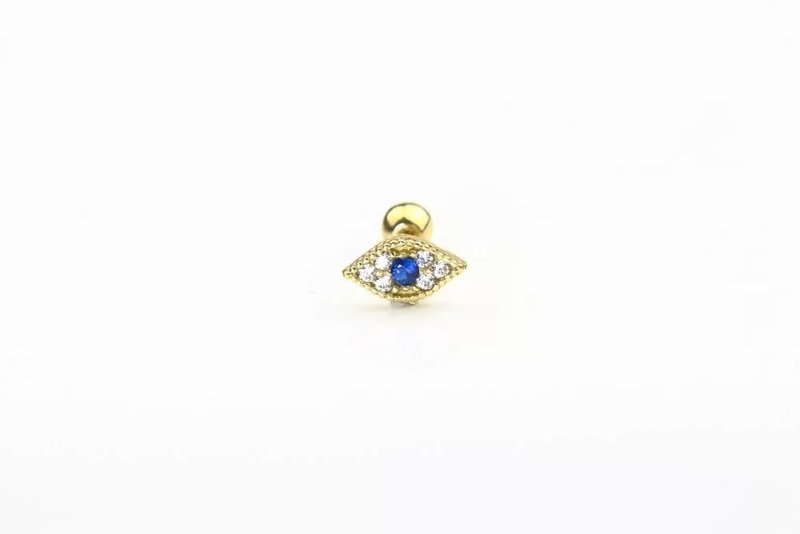 14K 藍眼睛鎖珠耳環(單個)耳骨 耳窩 不退色 - 耳環/耳夾/耳骨夾 - 貴金屬 金色