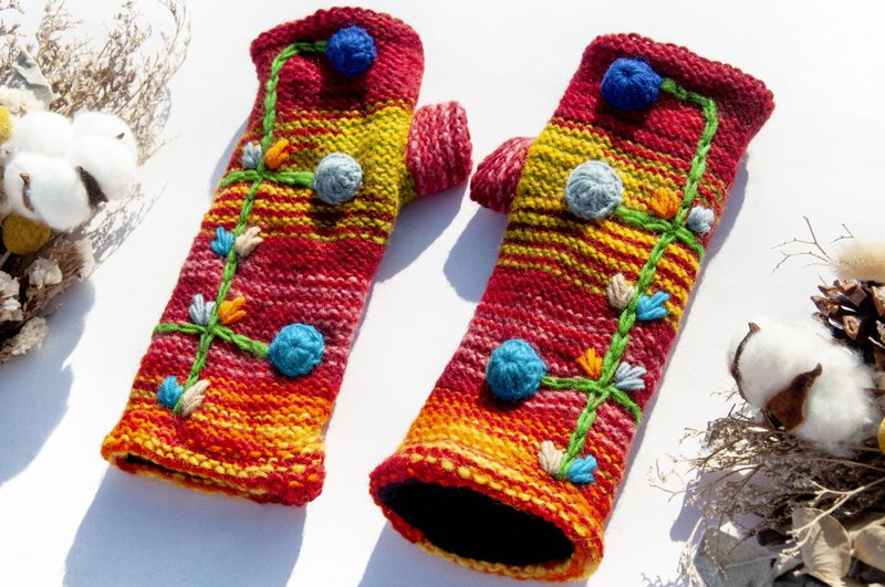 Hand-woven pure wool knitted gloves/open-toed gloves/inner brushed gloves/warm gloves-three-dimensional flower embroidery - Gloves & Mittens - Wool Multicolor