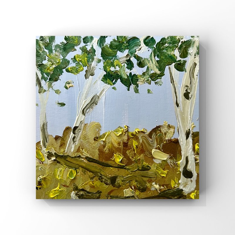 Birch Trees Painting Birch Art Tiny Painting Desk Decor Small Art For Bookshelf - 海報/掛畫/掛布 - 其他材質 卡其色