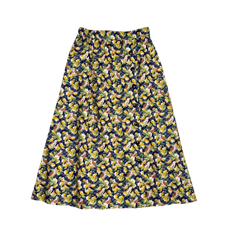 (Women's) Bird Print Skirt - Navy - กระโปรง - ผ้าฝ้าย/ผ้าลินิน สีเขียว