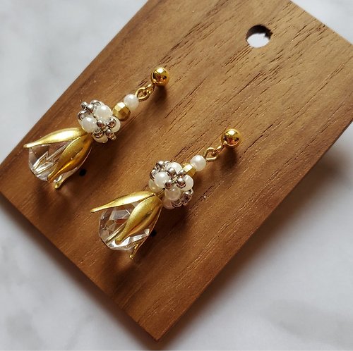 AN2 珠飾黃銅飾品 初花 黃銅珍珠水晶編織耳環 耳針 耳夾 日本珠 禮物 復古