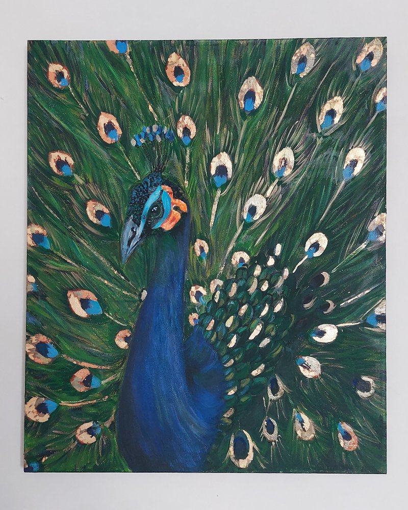 孔雀の絵 緑の鳥 - ウォールデコ・壁紙 - コットン・麻 グリーン