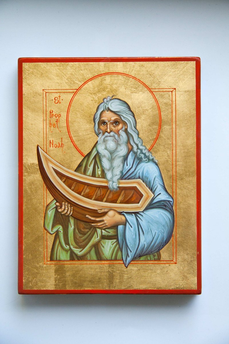 hand painted orthodox wood icon of Saint holy Prophet Noah pocket size miniature - 其他 - 木頭 綠色