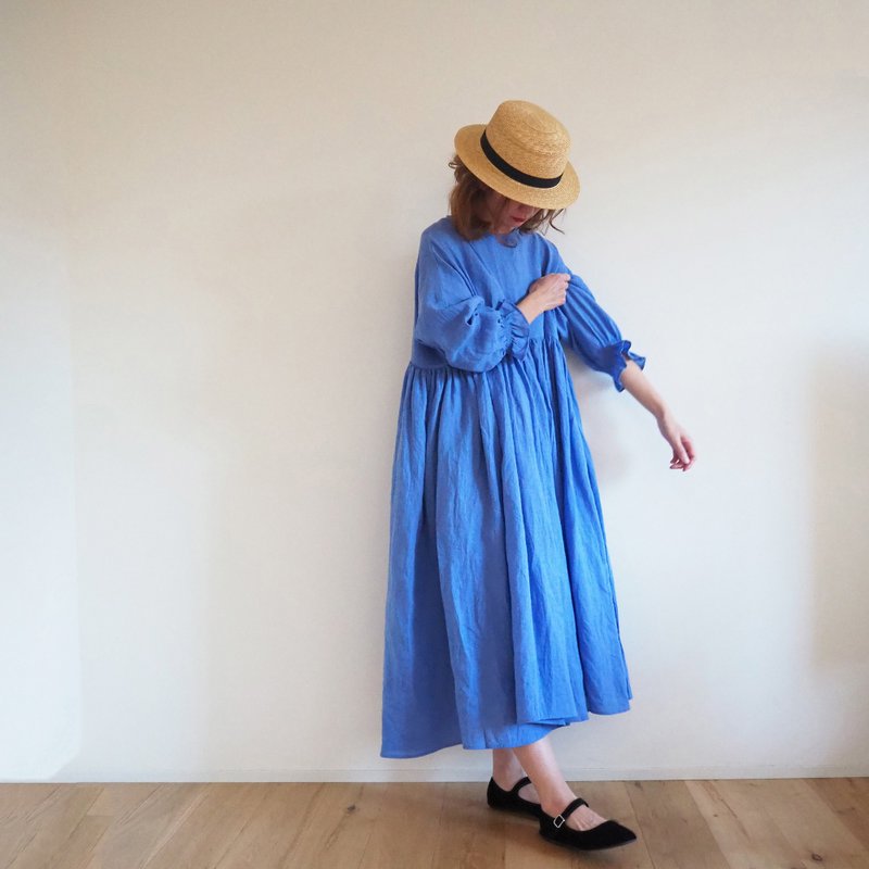 French linen canvas gather one-piece BLUE - 洋裝/連身裙 - 棉．麻 藍色