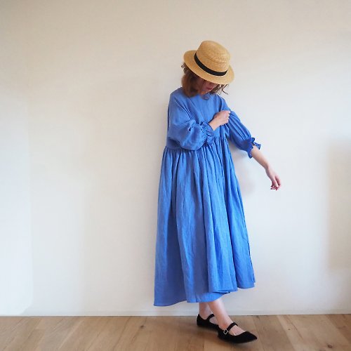 pongee French linen canvas gather one-piece BLUE