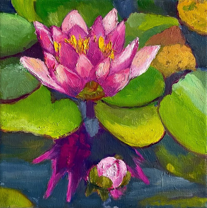 Lotus Painting, Hand Painted Pink Flower, Water Lily Canvas Art, Original Art - Posters - Cotton & Hemp 