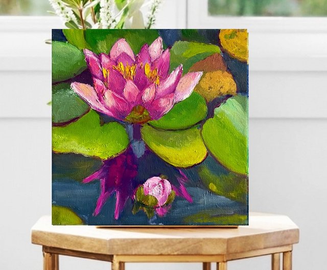 キャンバス油絵　 専用　春を告げる花スノードロップ 蓮の絵、手描きのピンクの花、睡蓮のキャンバスアート