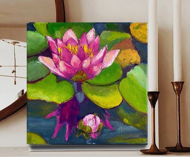 蓮の絵、手描きのピンクの花、睡蓮のキャンバスアート