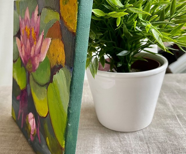蓮の絵、手描きのピンクの花、睡蓮のキャンバスアート