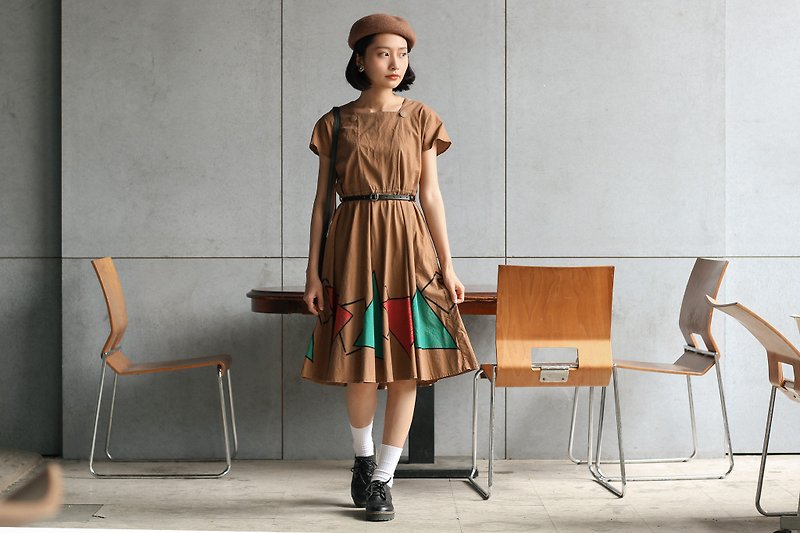 Chocolate geometric half sleeve vintage dress - One Piece Dresses - Cotton & Hemp Brown