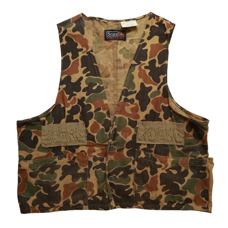 60-70s vintage Sears camo hunting vest camouflage hunting vest - เสื้อกั๊กผู้ชาย - วัสดุอื่นๆ สีกากี