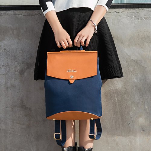 Hong Kong brand backpack dual-use shoulder bag cross grain leather waterproof cloth - dark blue