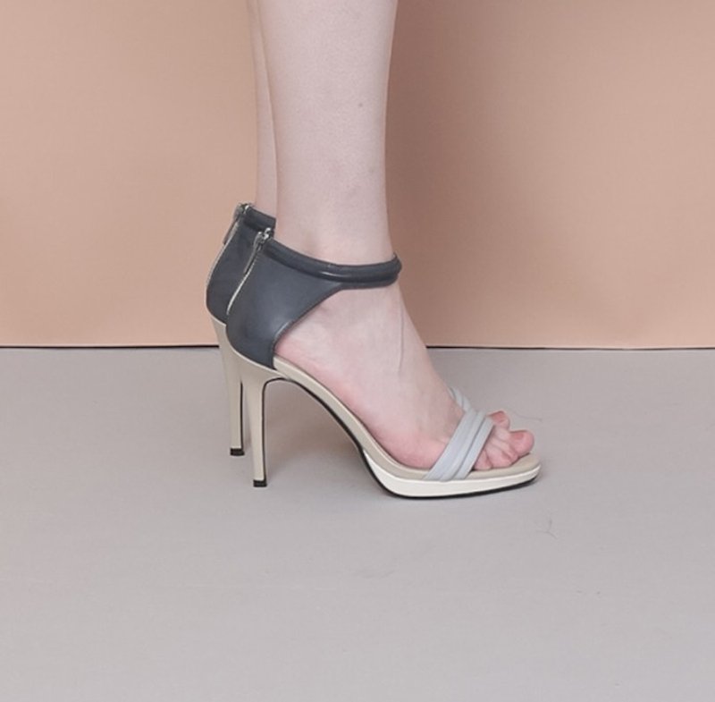 Soft handle stitching stripes toe thin high-heeled leather sandals gray blue - รองเท้ารัดส้น - หนังแท้ สีเทา