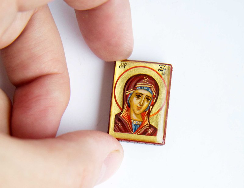 hand painted orthodox christian Virgin Mary icon, miniature religious painting - 其他 - 木頭 紅色