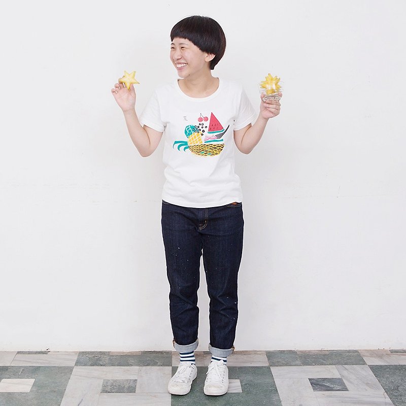 蘑菇MOGU/有機棉/短袖/水果拼盤 - 中性衛衣/T 恤 - 棉．麻 白色