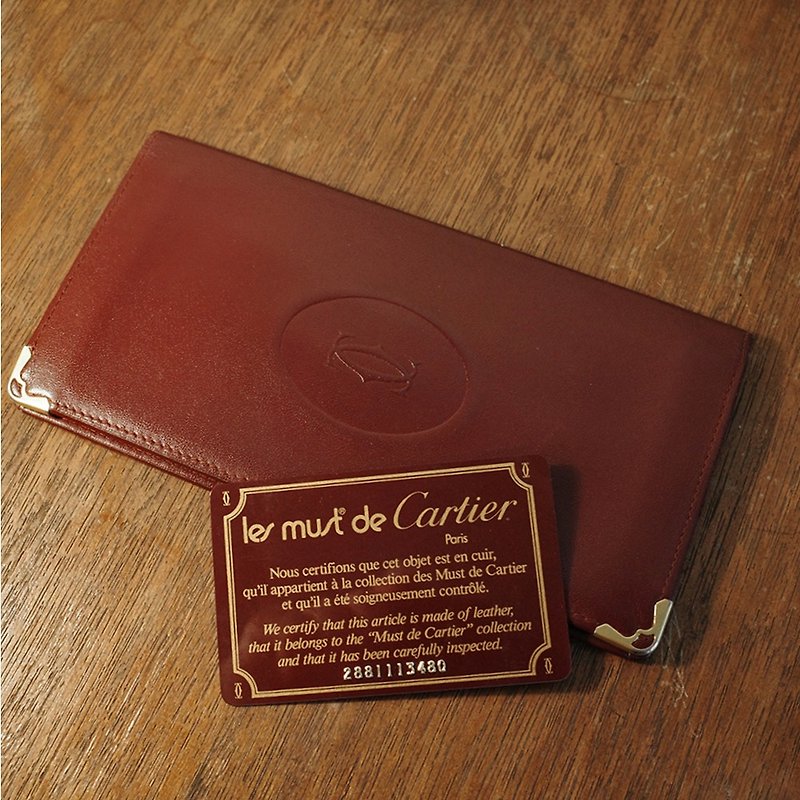 Cartier 卡地亞 經典酒紅色 小牛皮 雙C壓印 金色飾角 長夾 錢包 - 長短皮夾/錢包 - 真皮 紅色