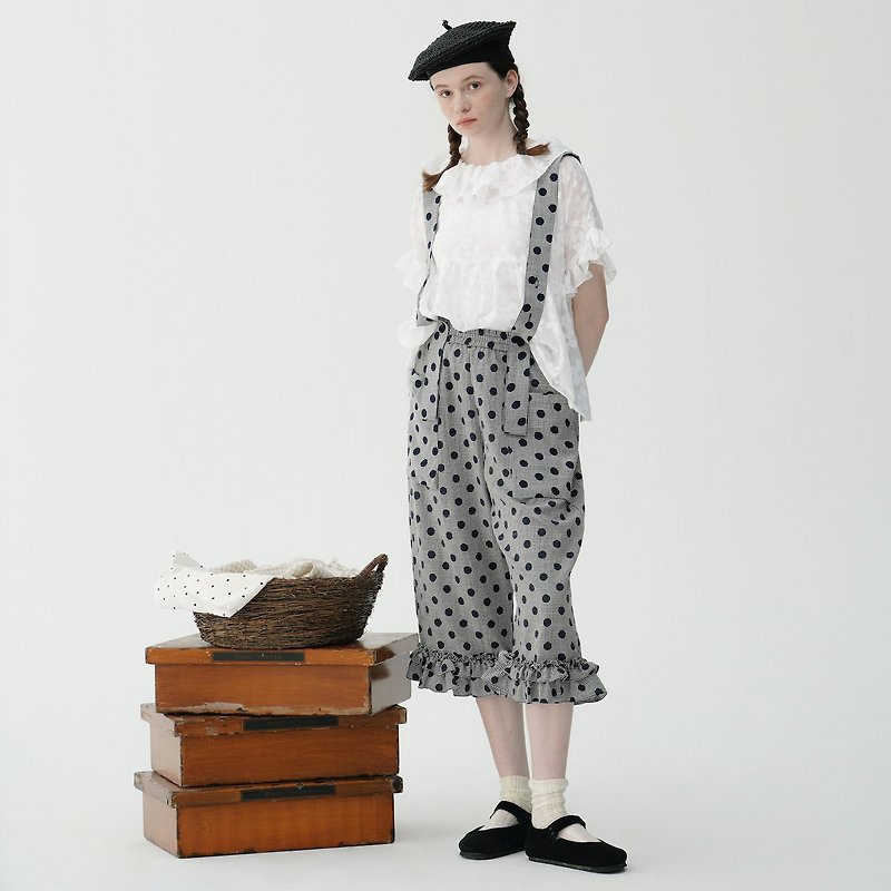 Black and white plaid dot suspenders / lace cuffs - Overalls & Jumpsuits - Cotton & Hemp Gray