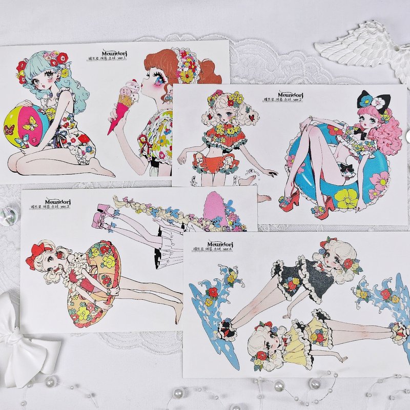 retro summer girl paper sticker - 貼紙 - 紙 