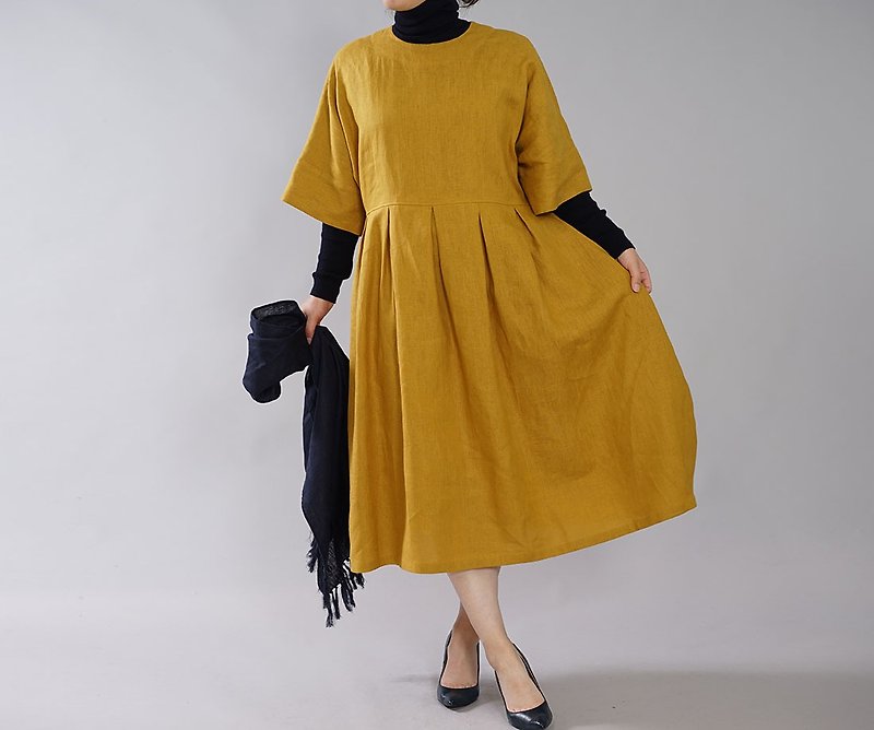 wafu - 純亞麻洋裝 Midweight Linen Half Sleeve Flare Dress / Mustard a041f-mtd2 - One Piece Dresses - Linen Yellow