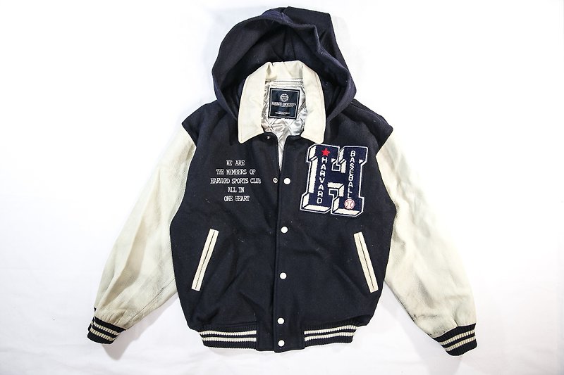 [3thclub Ming Ren Tang] Leather Sleeve Hooded Baseball Jacket 80'S retro style vintage BSE-009 Japan - Men's Coats & Jackets - Cotton & Hemp Blue