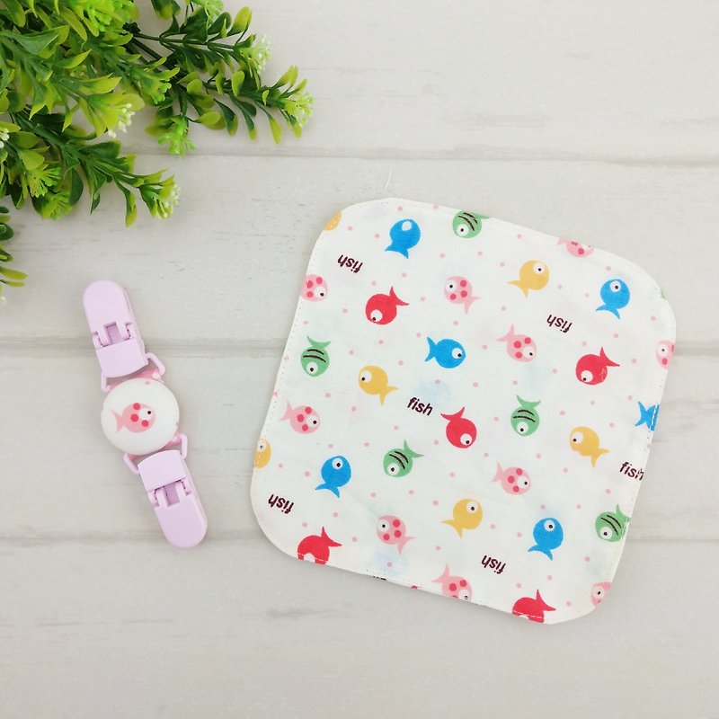 Happy little fish. Double-sided cotton handkerchief + handkerchief clip (can increase the price of 40 embroidery name) - Bibs - Cotton & Hemp Pink