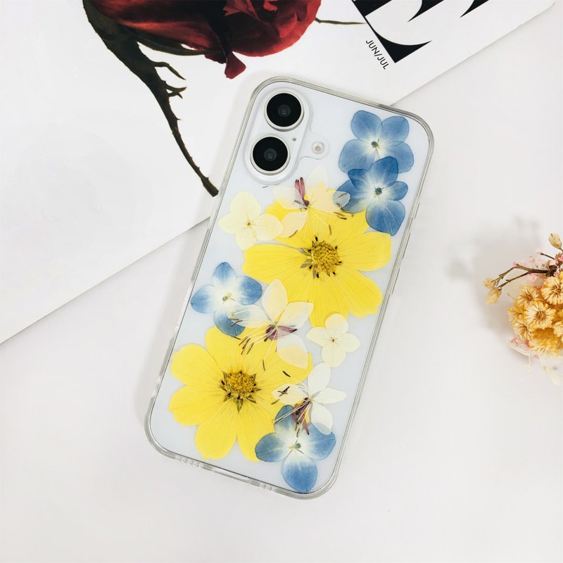 天然黃藍白花手工押花手機殼iPhone 16 Pro Max Samsung S25 - 手機殼/手機套 - 植物．花 
