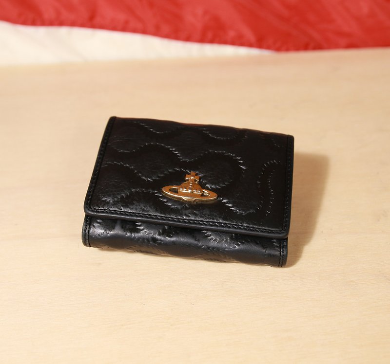 Back to Green :: Black Embossed Vivienne Westwood vintage wallet (WT-30) - กระเป๋าสตางค์ - หนังแท้ สีดำ