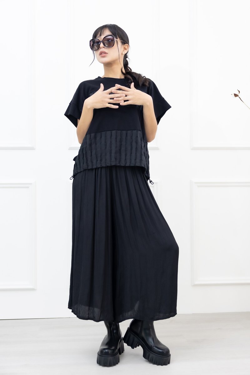 Pleated chiffon trousers black - กางเกงขายาว - วัสดุอื่นๆ สีดำ