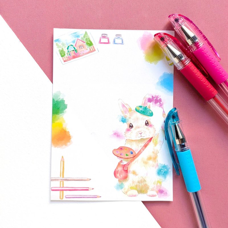 メルヘンなメモ　うさぎの絵描き屋さん【バラメモ30枚　B7サイズ】うさぎ　水彩　イラスト　コラージュ　手帳　手紙 - 卡片/明信片 - 紙 多色