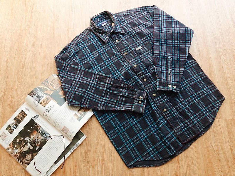 Vintage / corduroy shirt / plaid no.8 - Men's Shirts - Cotton & Hemp Blue
