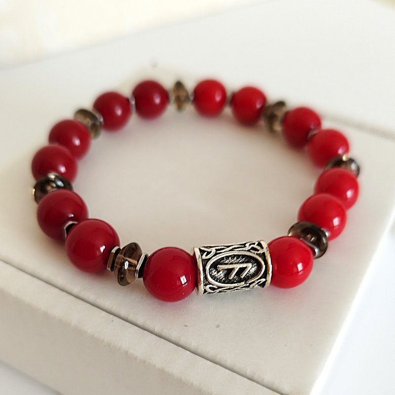 Rune bracelet smoky quartz coral hematite Jewelry natural semi-precious stone - 手鍊/手環 - 半寶石 多色