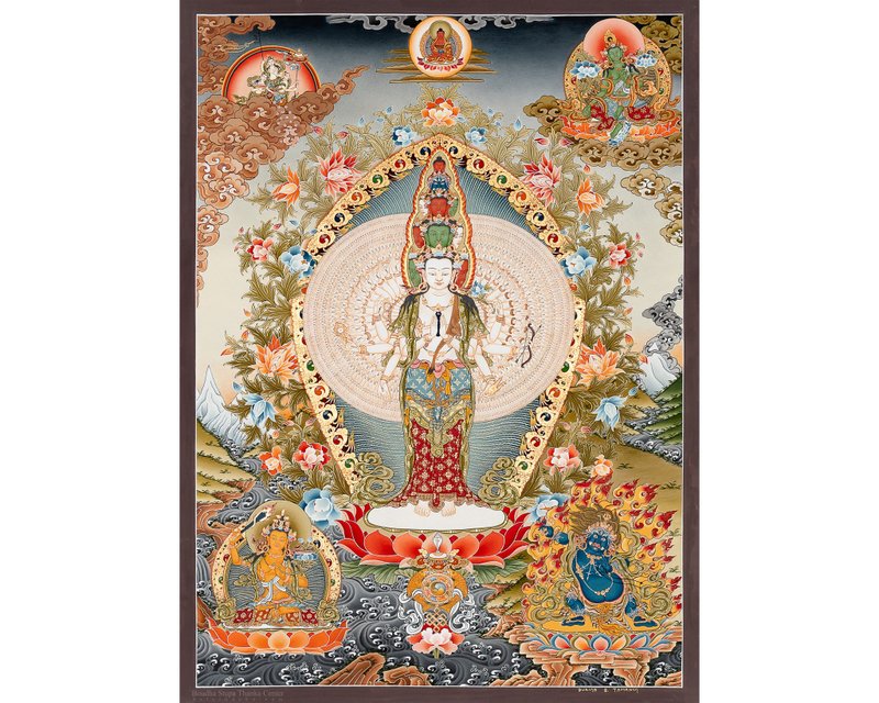 Buddhist Art: Hand-Painted Avalokiteshvara Thangka - Wall Décor - Other Materials Multicolor