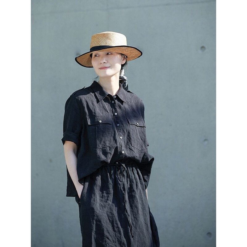 Black linen lapel open-collar mid-sleeve aviator loose-fitting shirt - Women's Shirts - Cotton & Hemp Black