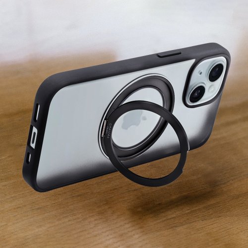 GRAMAS iPhone 16 / 15 系列 Mag-O 360度旋轉支架磁吸透明保護殼-黑