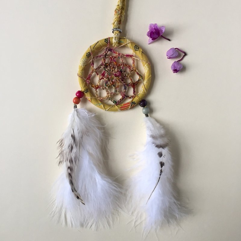 Handmade Dreamcatcher  |  10cm diameter  |  crochet style  |  floral print fabric - Items for Display - Other Materials Yellow