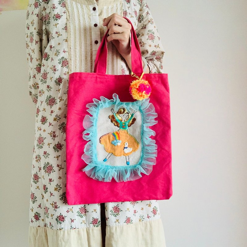 ネイティブスタイルのダンスリトルピープル手描き刺繡キャンバスバッグ - トート・ハンドバッグ - 刺しゅう糸 レッド