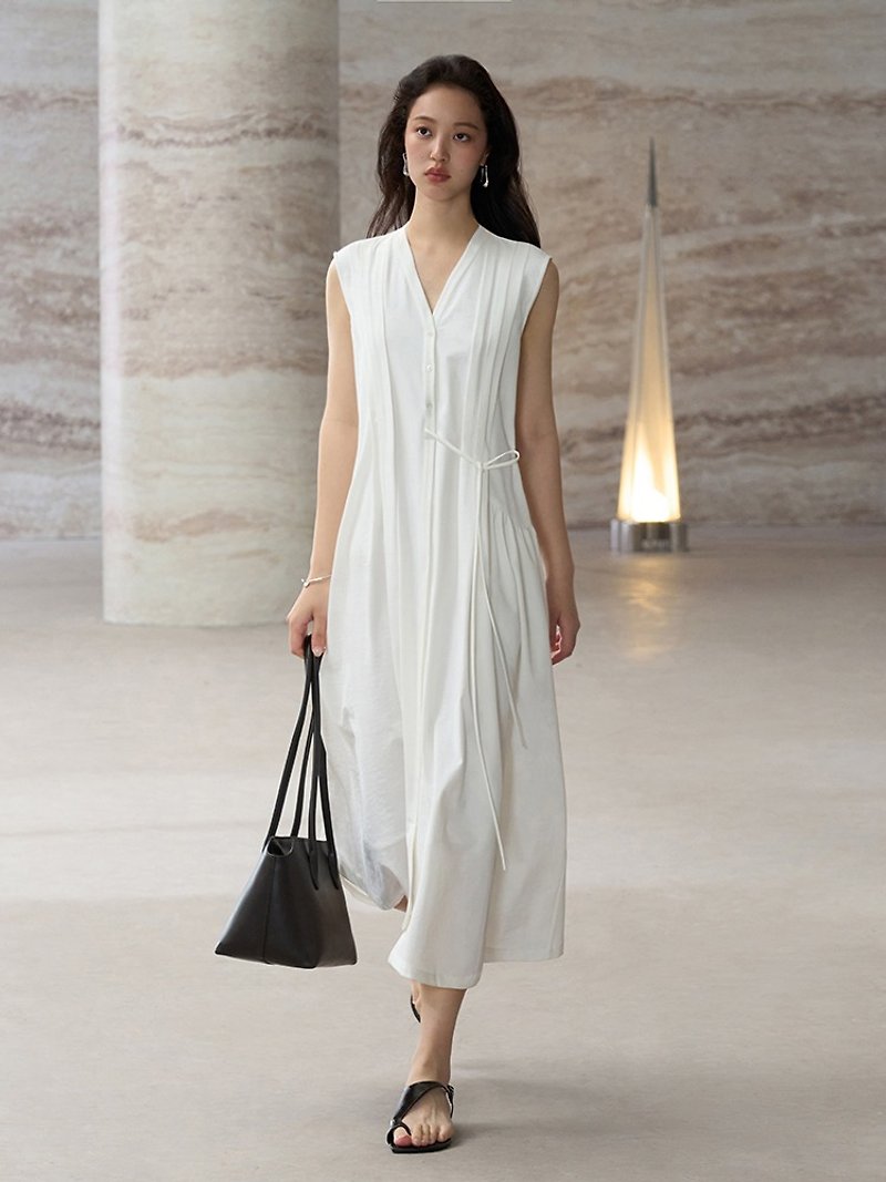Zen Pāra Linen Linen Pleated Tie-Dress - ชุดเดรส - วัสดุอื่นๆ ขาว