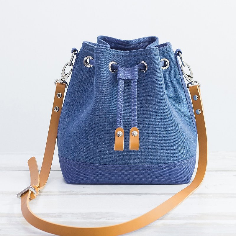 Washed Cotton Denim x Canvas Bucket Bag Leather Accessories Small 2 Colors Classic Versatile Denim - Messenger Bags & Sling Bags - Cotton & Hemp Blue