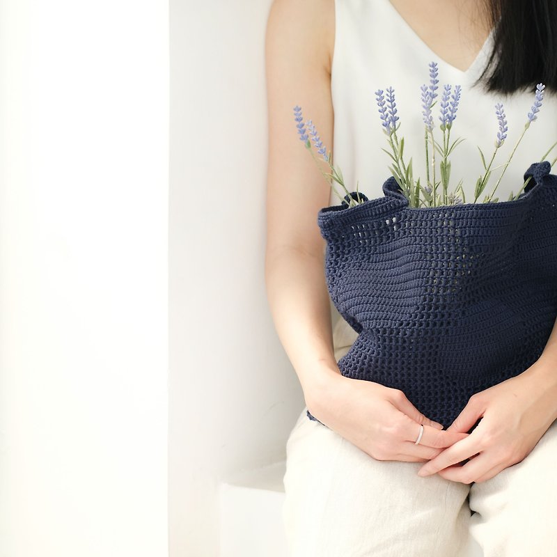 Crochet Polka Dot Tote Bag | Navy - 手袋/手提袋 - 其他材質 藍色