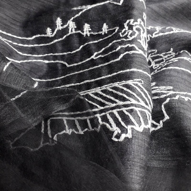 moon village line art embroidery silk wool scarf - ผ้าพันคอถัก - ขนแกะ หลากหลายสี