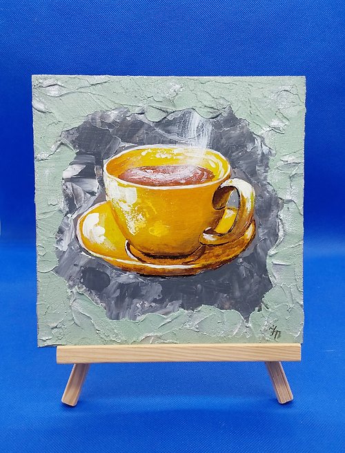 CosinessArt Still life with a yellow cup of tea. Painting for the kitchen. Original work