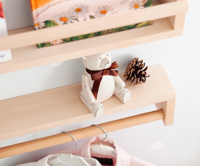 Wooden shelf with online hanging rail