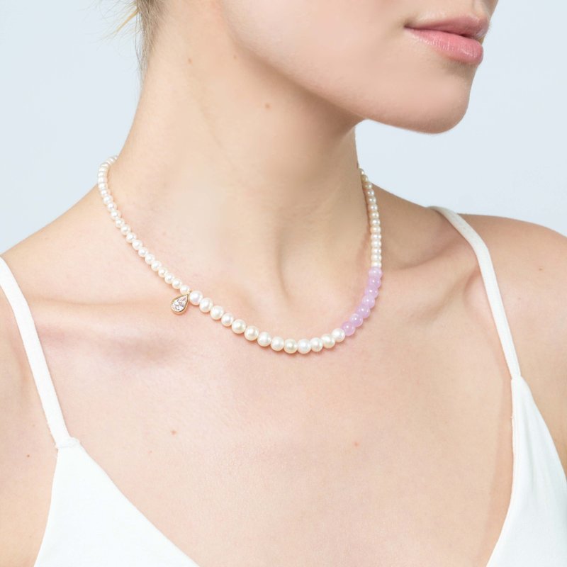 Graine Kunzite Pearl Necklace - สร้อยคอ - ไข่มุก สีทอง