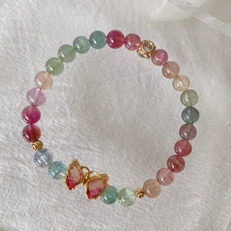 人魚色系 可愛粉橙碧璽小蝴蝶 彩虹碧璽圓珠手鏈 天然水晶設計 - 手鍊/手環 - 半寶石 多色