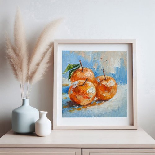 ミカンのある静物 みかんオリジナル油絵、オレンジフルーツ静物画キッチンアート